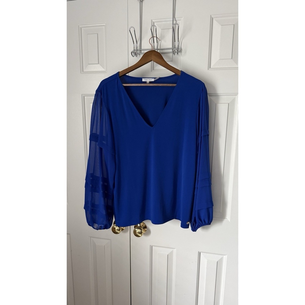 Women's Royal Blue Blouse Pullover V Neck Long Sheer Sleeves A size XL EUC